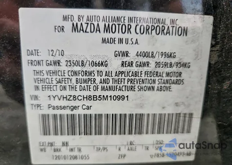 2011 Mazda 6 I from USA, damaged, VIN 1YVHZ8CH8B5M10991